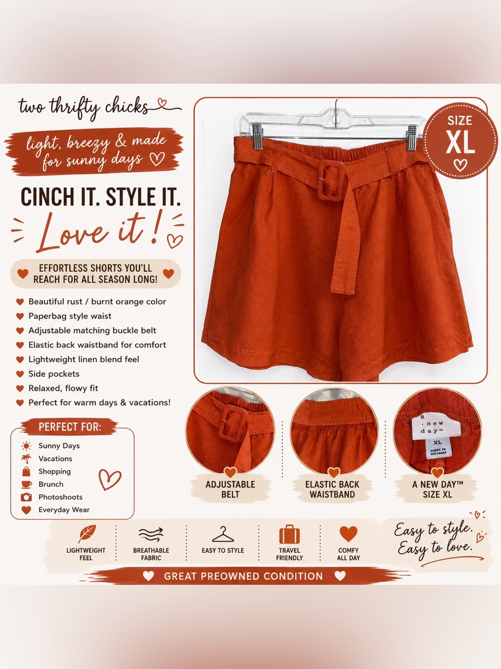 a.new day Rust Orange Paperbag Waist Shorts with Belt | Size XL | GUC